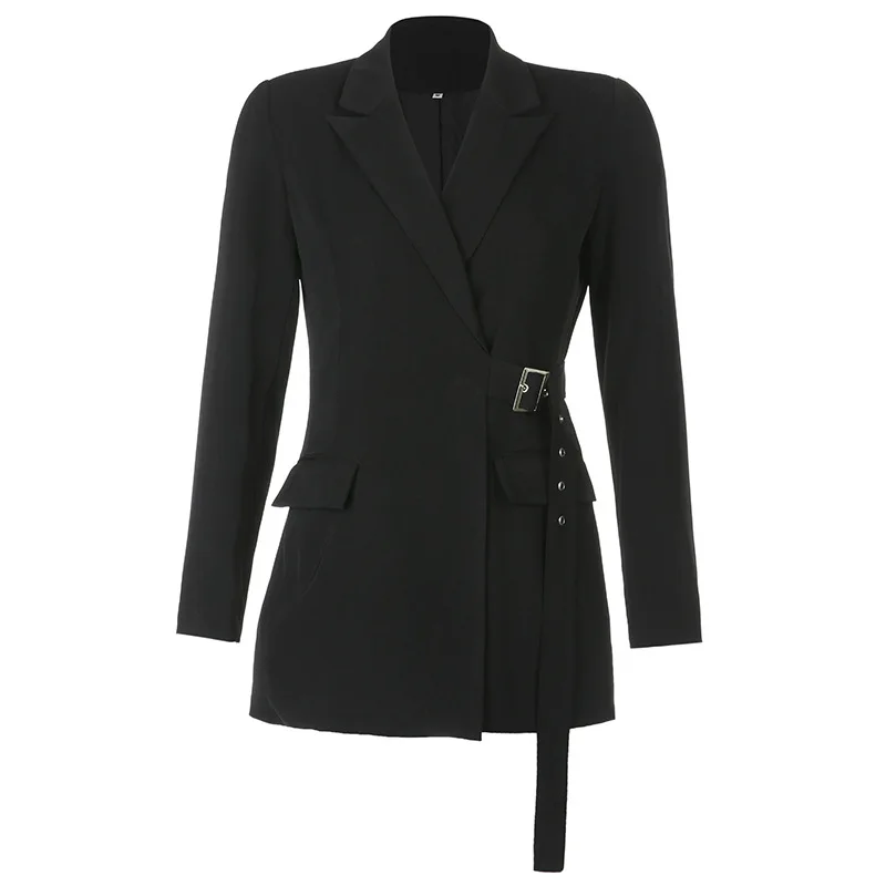 Black Buttonless Office Blazer with Sashes Business Suit Women Solid Colors Mid Length Spring Autumn New Fashion Blazers Korean