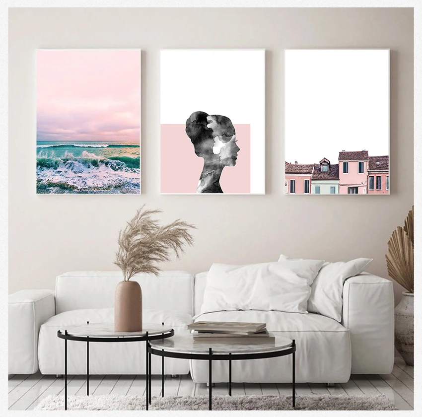

Современные розовые картины с изображением девушки и дома, Акварельные картины в современном стиле для гостиной, 5-03, абстрактная живопись, черные буквы