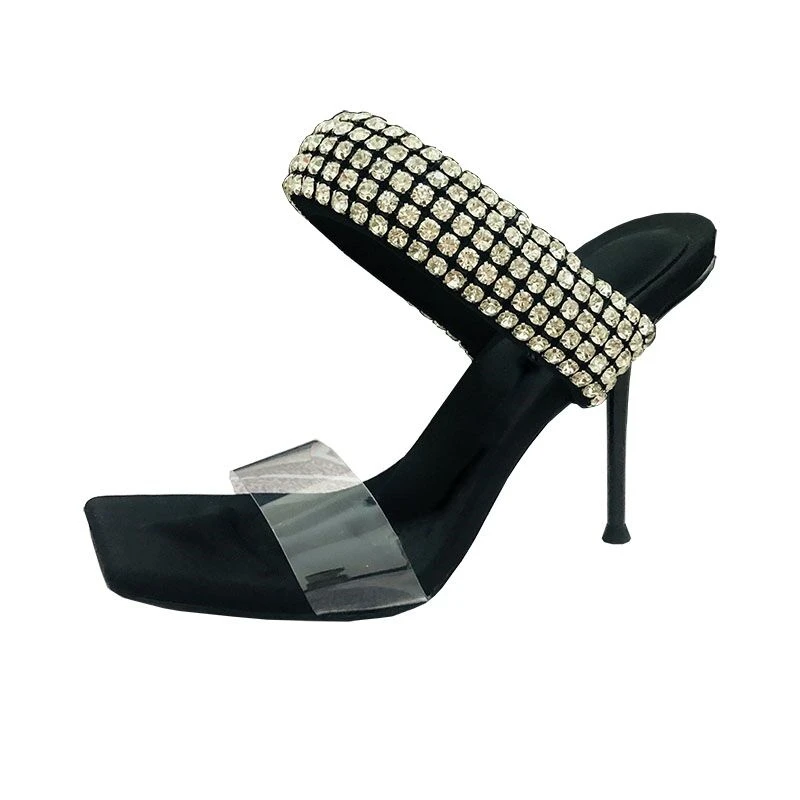

New High Heel Plus Size Summer Women's Shoes 2022 Rhinestone Embellished Transparent Stiletto Square Toe Half Slippers
