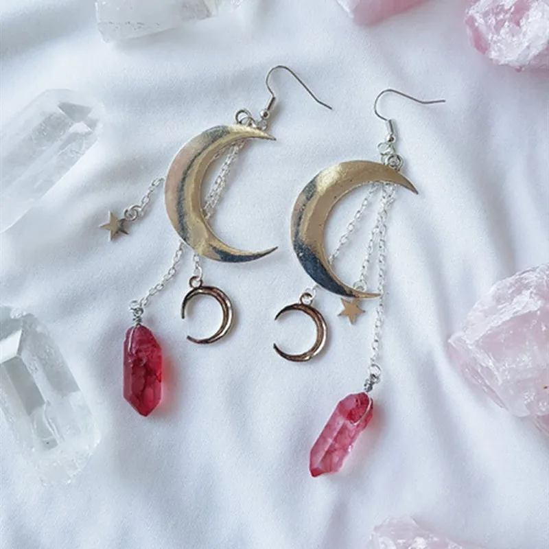 

Natural Red/white Quartz Witchcraft Earrings, Crescent Gothic Mysterious Crystal Earrings, Celestial Jewelry, Bridesmaid Gifts