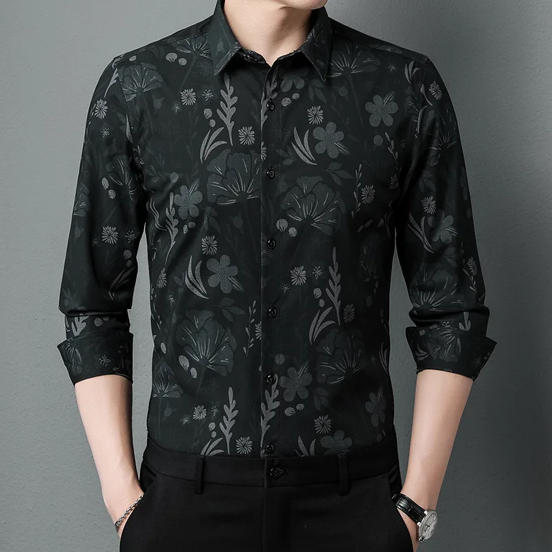 Mattswag Mens Flowers Printing Vintage Long Sleeve T Shirts Spring Autumn Breathable Men's Clothing Casual Slim Fit Shirt Camisa