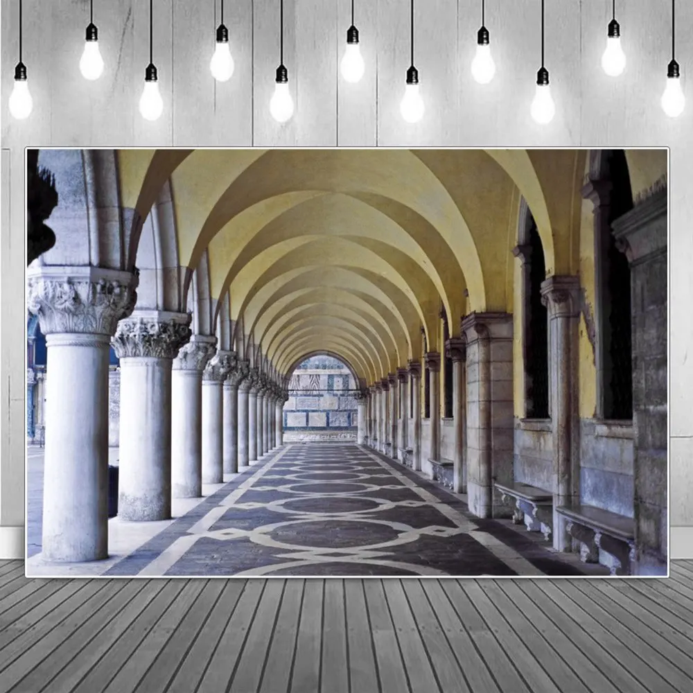 

Hallway Vintage Palace Interior Backgrounds Corridor Pillar Arch Marble Geometry Photography Backdrops Photographic Portrait