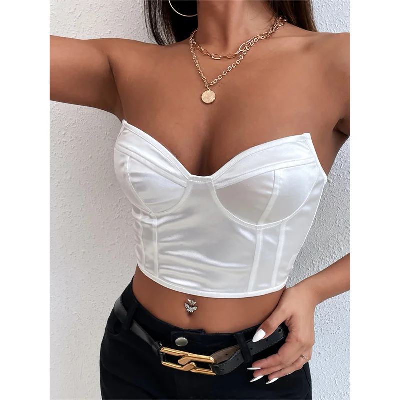 

Women's Off Shoulder Crop Tops Solid Color Low-Cut Slim-Fit Sleeveless Strapless Vest Casual Simple Tube Tops