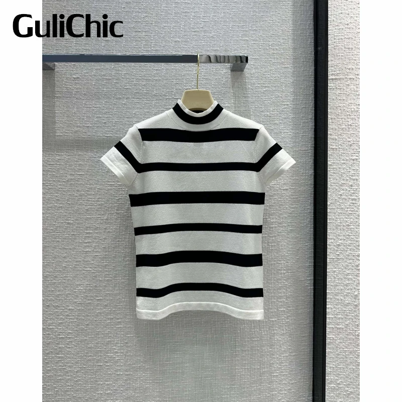 

2,18 GuliChic женский удобный мягкий 100% шерстяной вязаный полосатый пуловер с коротким рукавом и надписью свитер