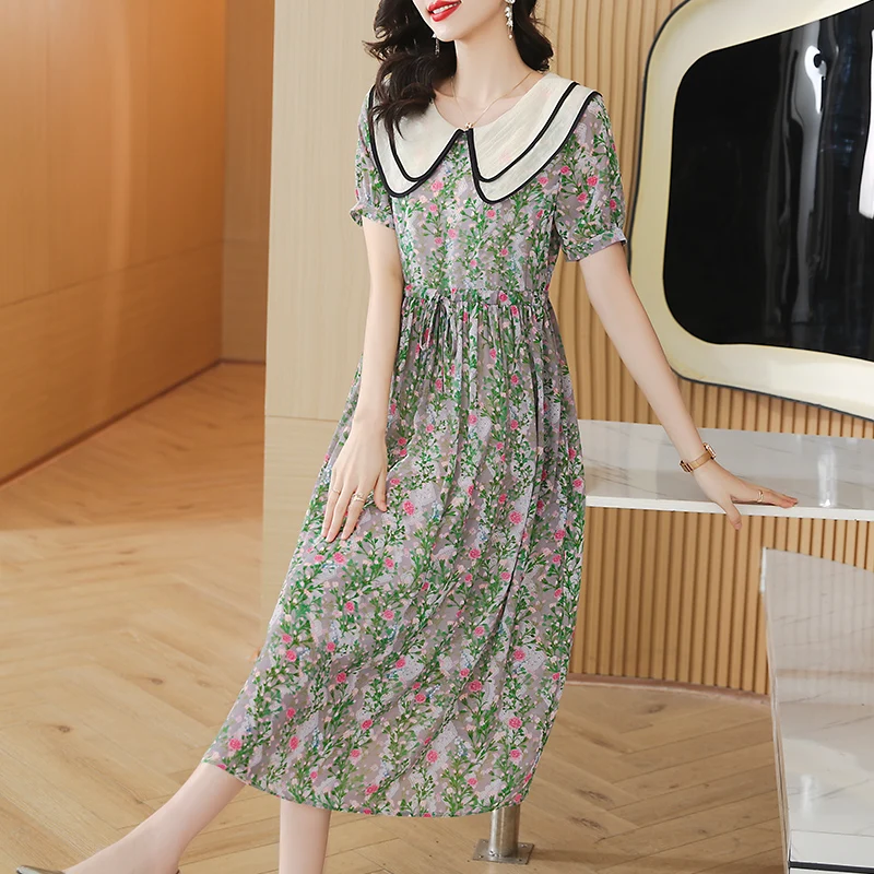 

Женское шелковое платье с коротким рукавом, элегантное свободное платье с цветочным принтом в пляжном стиле, весна 2023