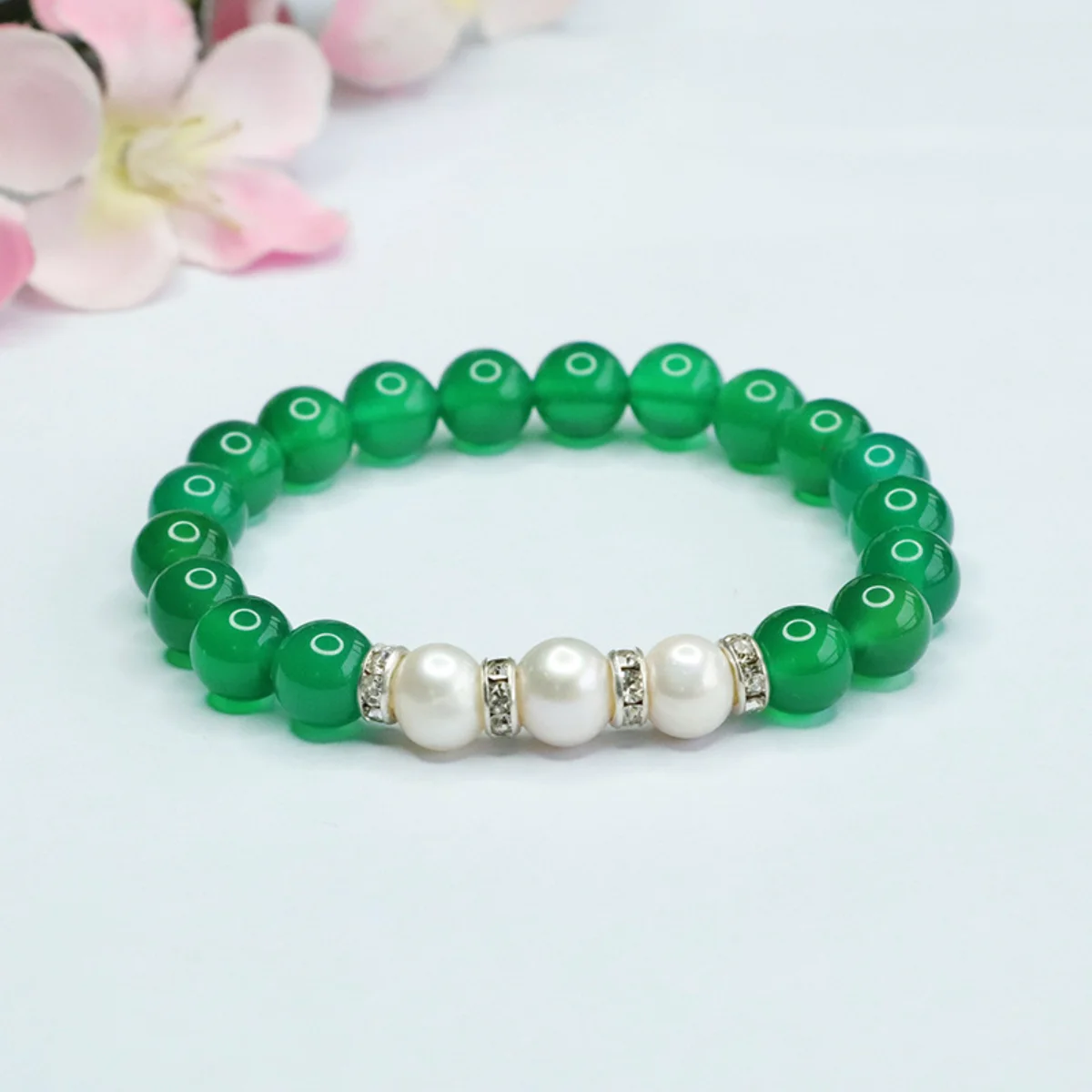 

8mm Round Natural Chrysoprase Green Jade Chalcedony Hand String Freshwater Pearl Bracelet Agate Factory Elastic Hand Jewelry