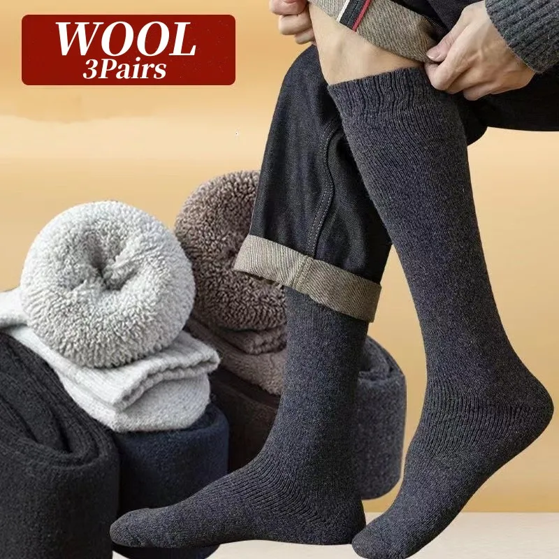 

3pairs/Lot Winter Men's Socks Thick Wool Towel Bottom High Tube Comfortable Warm Wool Wrapped Calf Snow Socks Large Size EU38-46