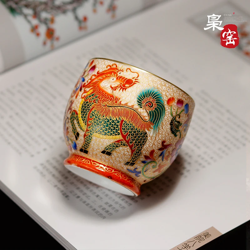 

Jingdezhen Ceramic Tea Set Hand Painted Gold Filigree Master Cup Kung Fu Tea Cup Golden Lion Enamel Tea Cup