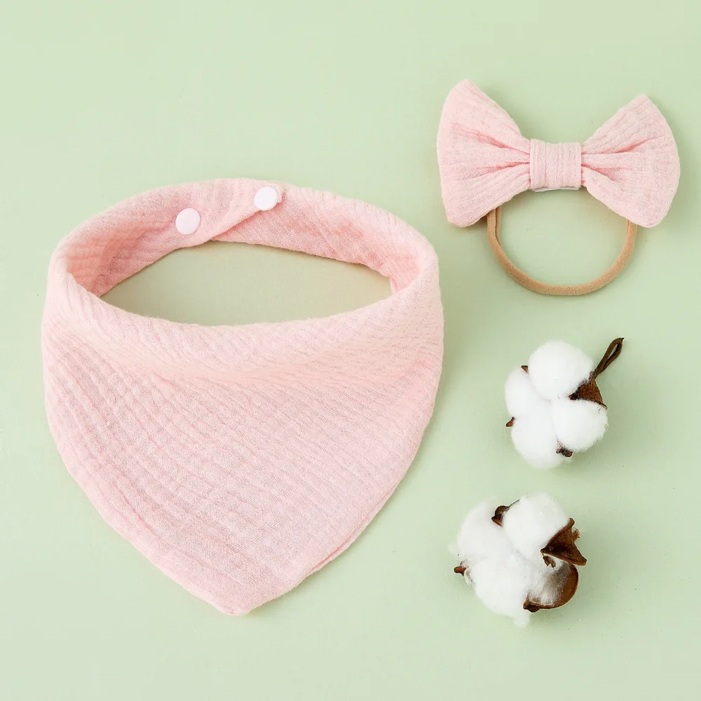 

2 Pcs Baby Bowknot Soft Cotton Hair Band Double Side Bib Set Feeding Drool Saliva Towel Elastic Bow Headband Infants Bandana