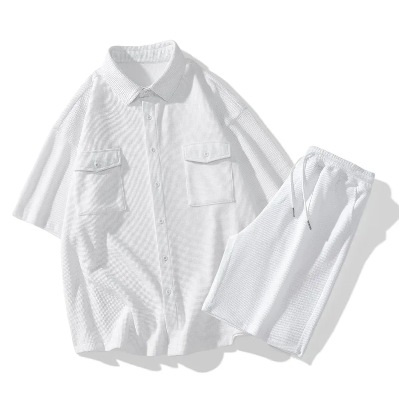 Summer green short-sleeved shirt suit men's trend casual shirt 2023 new tide brand plankton men's two-piece set