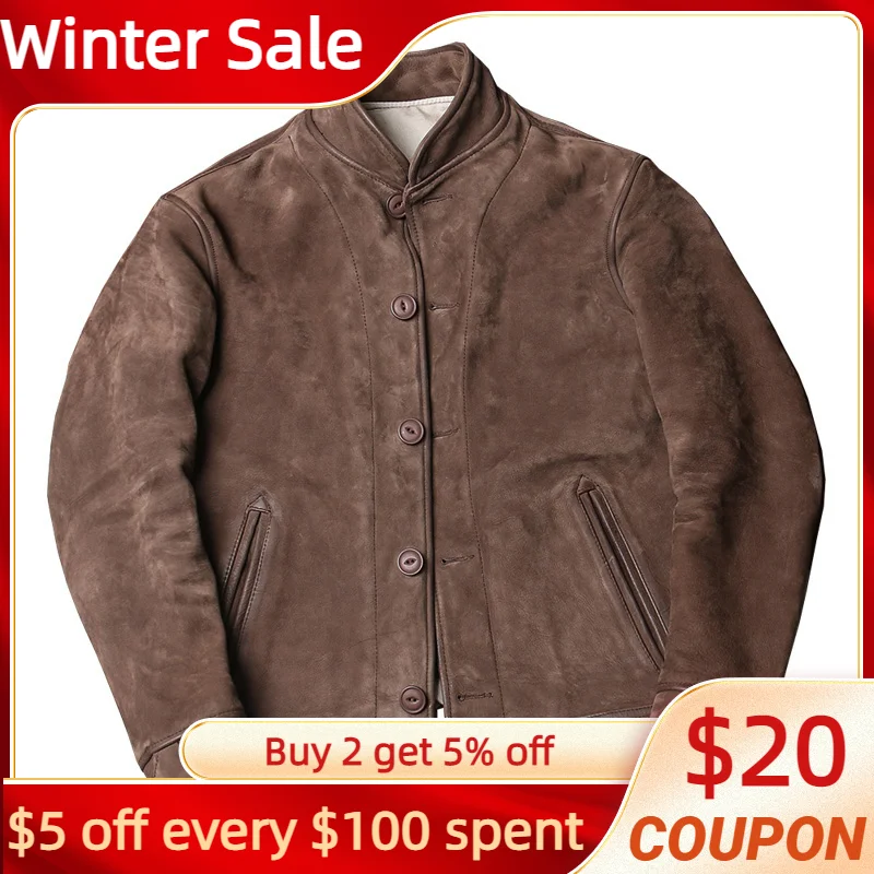 

2022 Brown Genuine Leather Jacket Men Casual Style Single Breasted Plus Size 4XL Real Natural Cow Suede Autumn Einstein Coat