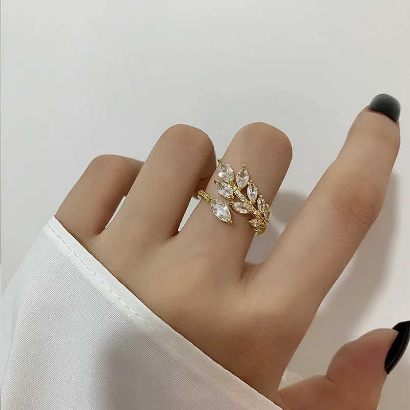 

2022 New Arrival Fashion Rings Women Metal Party Trendy Plant Zircon Leaf Opening Ring Korean Minority Elegnat Female Jewelry