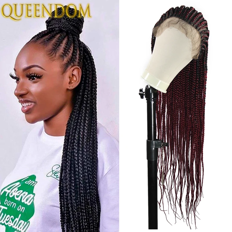 Ombre Long Knotless Box Braids Lace Front Wigs 36 Inch Lace Box Braid Wig with Baby Hairs Red Synthetic Braided Box Braid Wigs