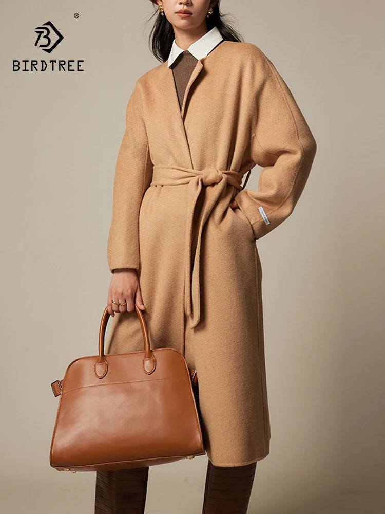 

Женское классическое пальто из мериносовой шерсти с длинным рукавом, двухстороннее шерстяное пальто со шнуровкой на осень и зиму, 100%, C3N708QC