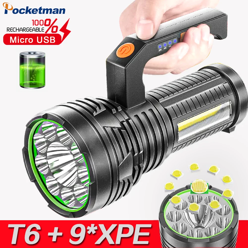 

Powerful LED Flashlight T6+9*XPE LED Torch with Side Lights USB Rechargeable Searchlight Camping Spotlight with Built-in Battery