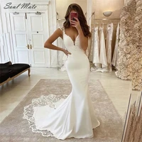 sexy charming deep v neck mermaid wedding dress for women cap sleeve lace appliques backless satin bridal gown vestido de novia