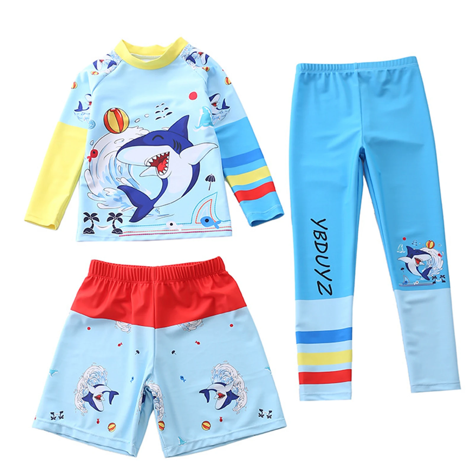 Kids Boys Cartoon Print Three-Piece Rash Guard Swimsuit Shirt Shorts Leggings Swimwear for Pool Beach Waterpark Training Class