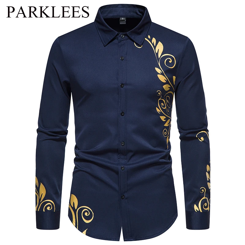 

Parklees Gold Floral Print Mens Casual Shirts 2022 Autumn New Long Sleeve Button Down Shirts Bronzing Dress Shirts for Party 2XL