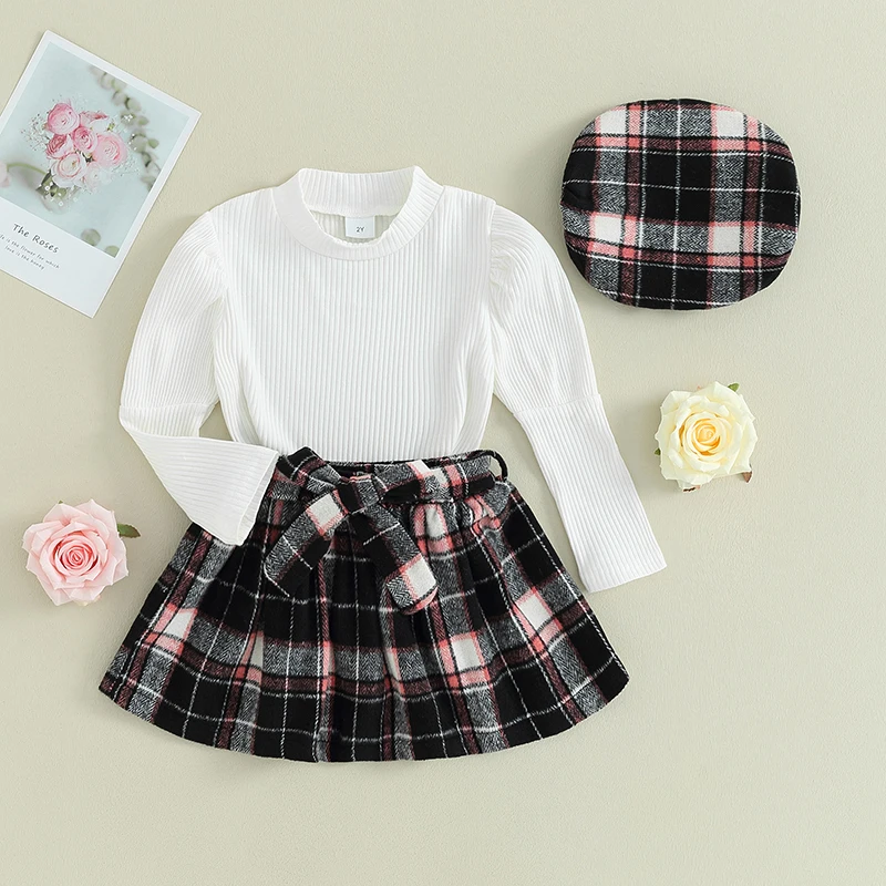 

Осенняя одежда для маленьких девочек, наряды для малышей, вязаные топы в рубчик с длинным рукавом и юбка с поясом, комплекты шляп, детская одежда