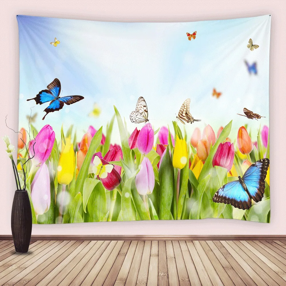 

Tulip Flower Butterfly Tapestry Garden Floral Scenery Green Leaf Tapestries Bedroom Living Room Wall Hanging Fabric Blanket Home