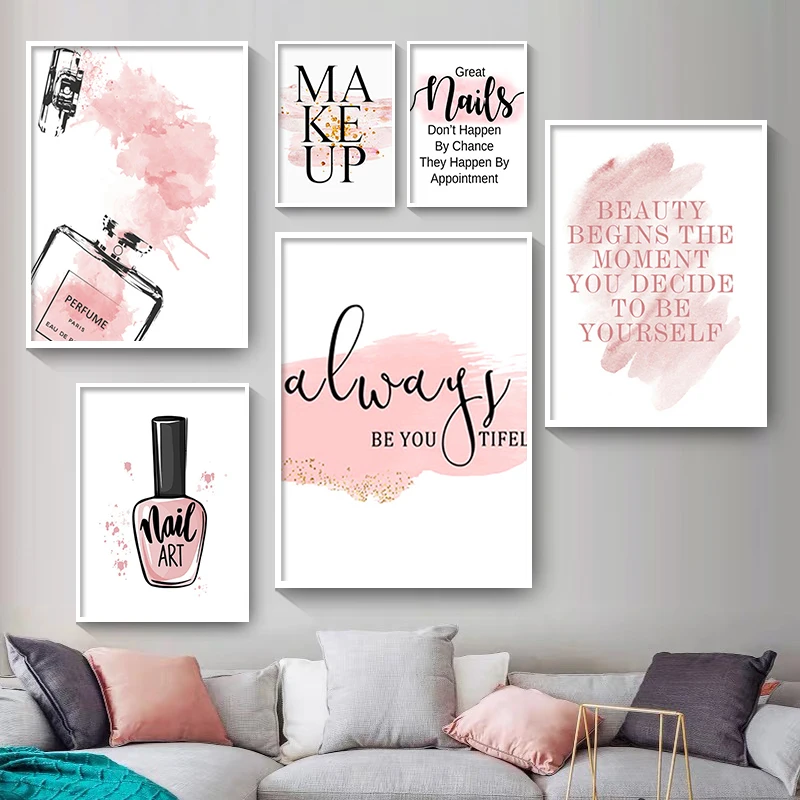 

Modern Pink Flower Perfume Nail Polish Fashion Print Poster Eyelash Makeup Canvas Art Painting Wall Pictures for Girl Room Decor