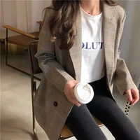 office ladies notched collar plaid women blazer double breasted autumn jacket 2021 casual pockets female suits coat