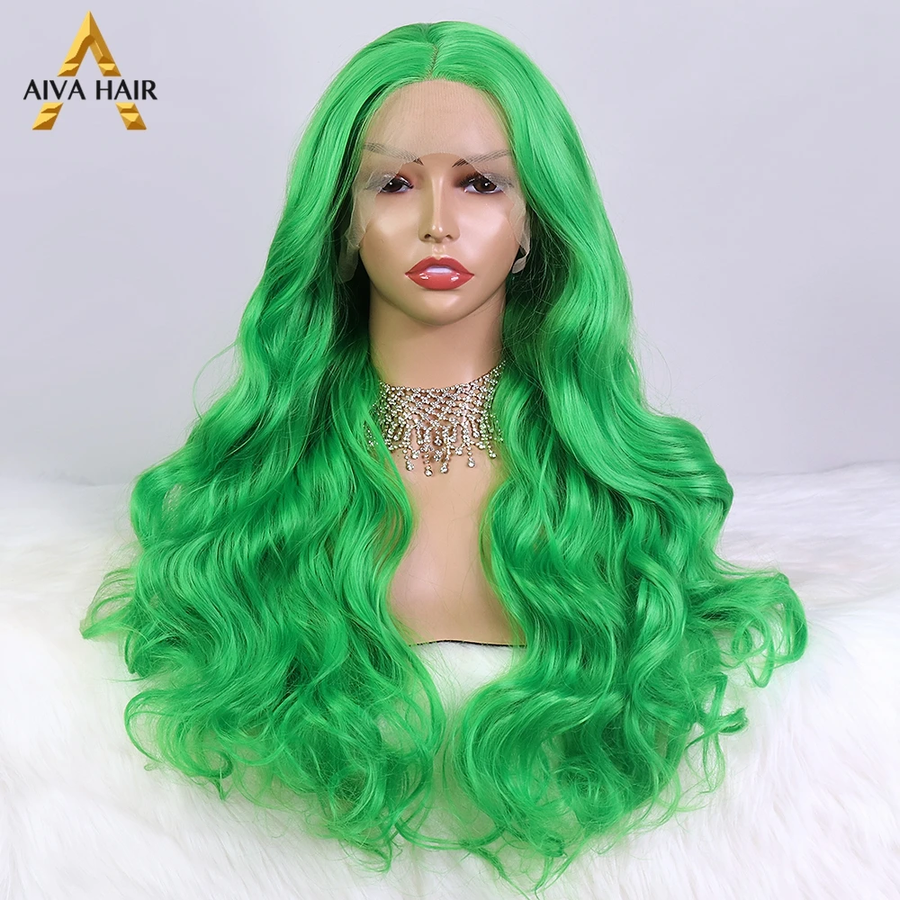 Aiva Green Synthetic Lace Wigs Heat Resistant Synthetic Lace Front Wig Drag Queen Wavy Wig Cosplay Wigs For Black Women