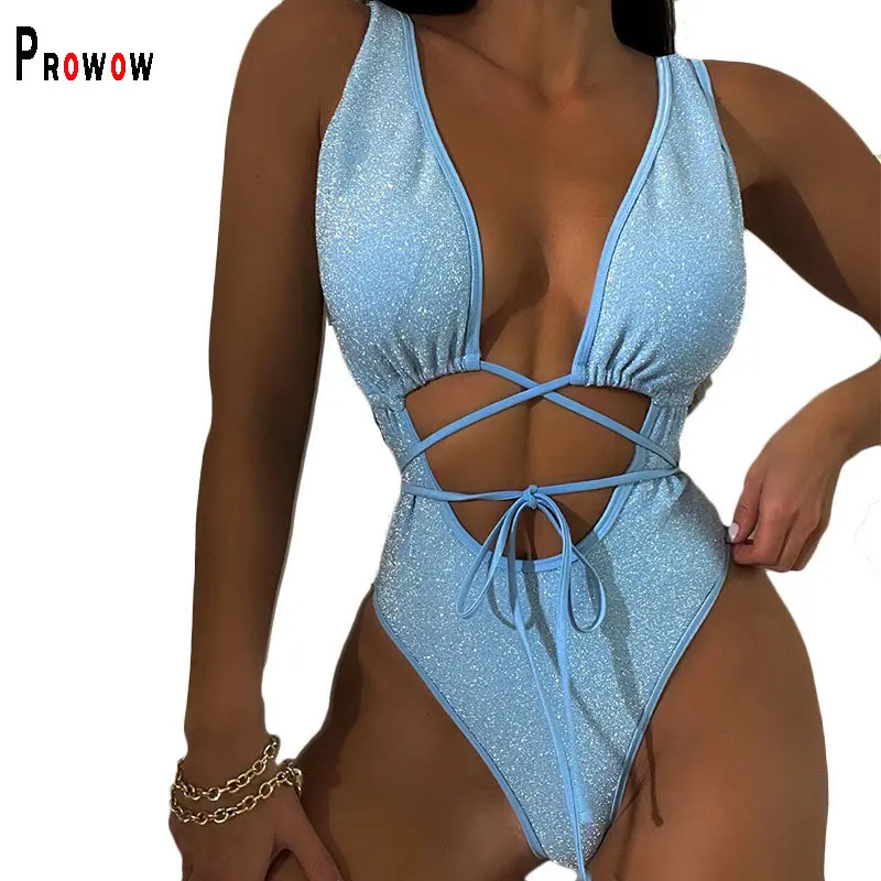 

Prowow One-piece Blue Women Bikinis High Waistd Hollow Backless Female Beach Outfits Bandage Summer Female Bathing Swimwears