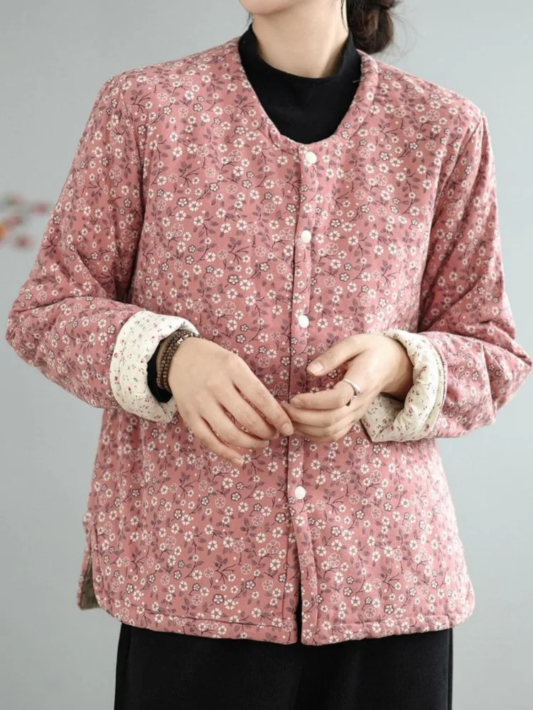 Оверсайз осенне-зимнее стеганое хлопковое пальто с цветочным принтом женское