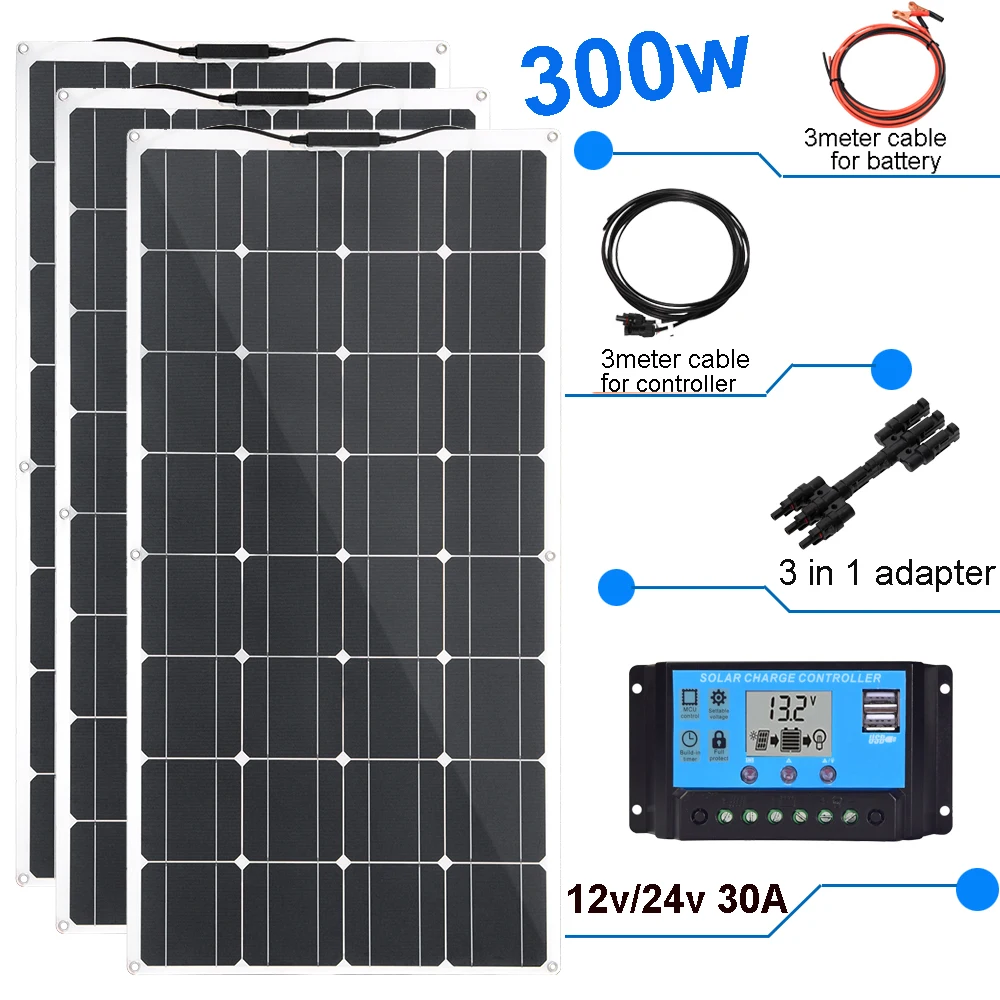 

300w 200w 100w solar panel kit flexible solar panels12v 24v high efficiency 12v solar car RV Caravan Home battery charger module