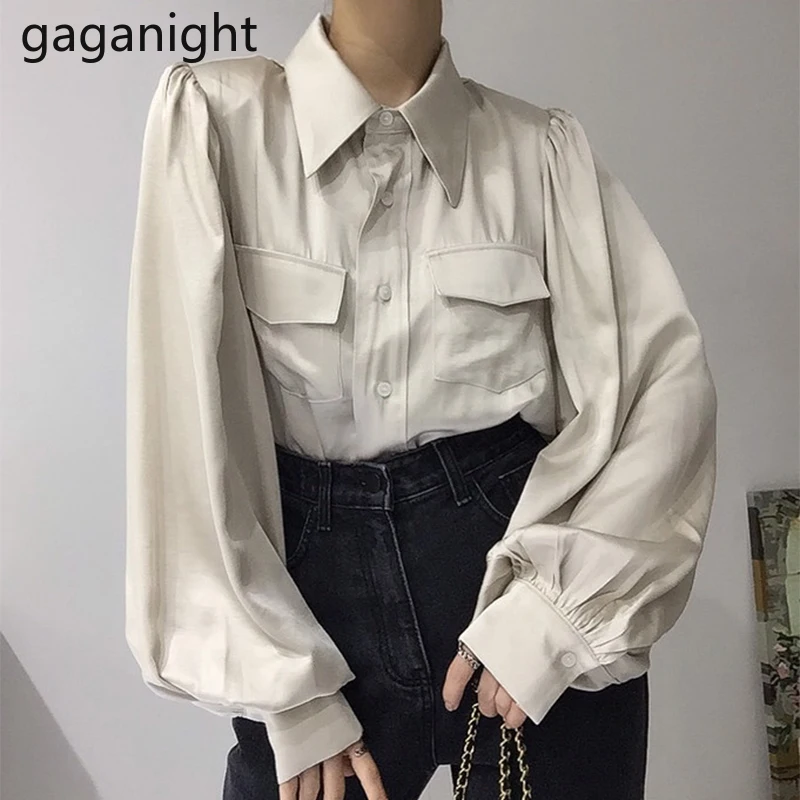 

Gaganight Women Shirt 2021 Spring Autumn New French Temperament Lapel Single breasted Loose Lantern Sleeves Solid Color Blouse