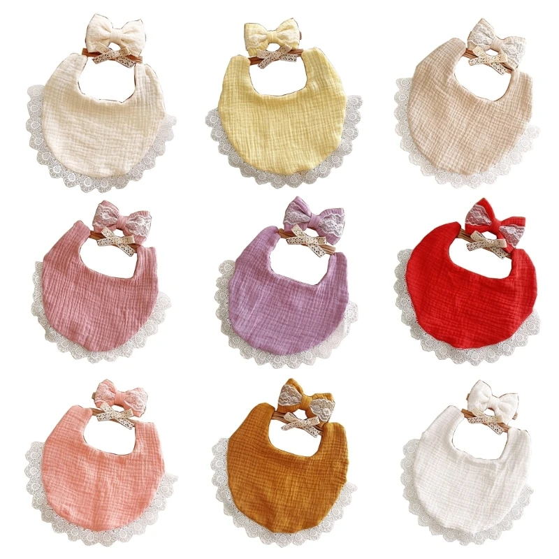 

Baby Burp Cloth Bandana Towel Set Double Sided Printing Infant Girls Headwear Fashion Drool Bib with Lace Detailing