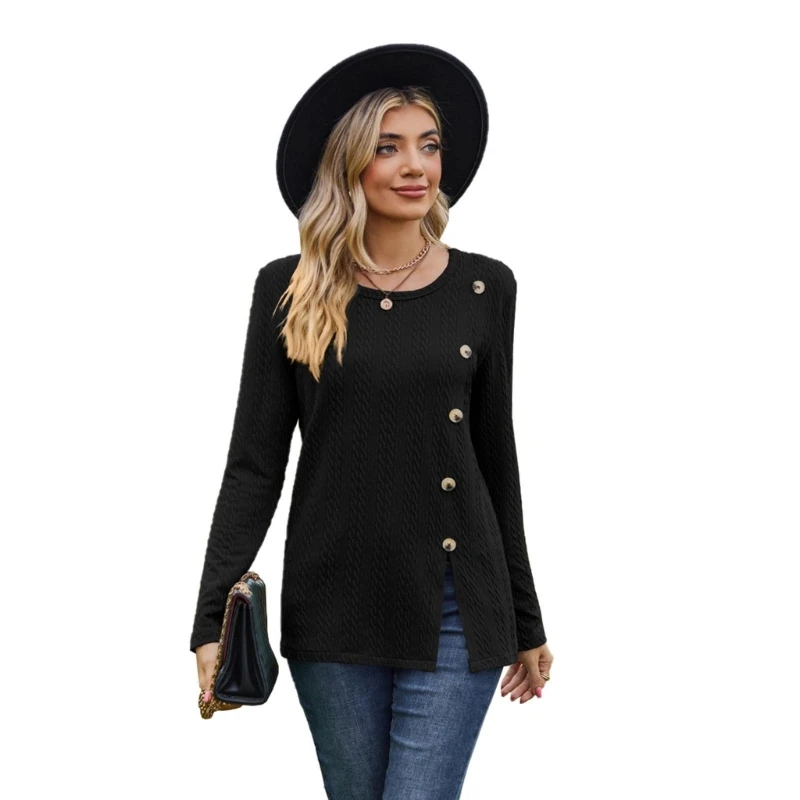 

Ribbed Long Sleeve Womens T-Shirt Autumn Side Slit Button Pullover Tops T-shirt