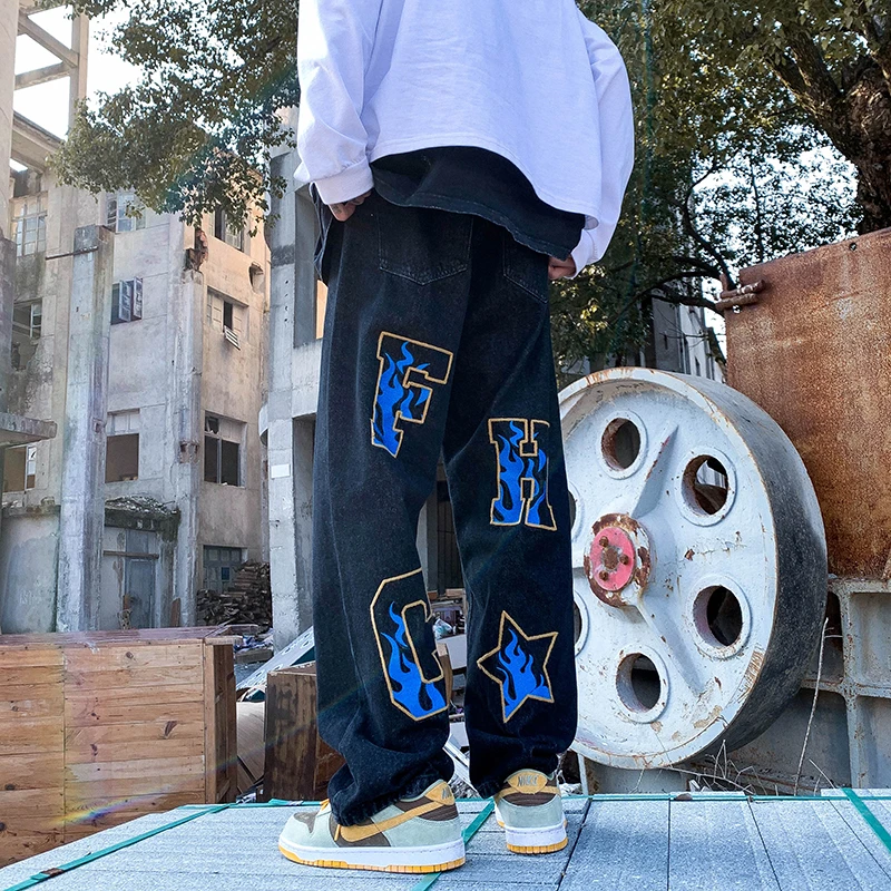 

Letter Embroidery Casual Jeans Men Straight Wide Leg Pants Spring Summer Women Harajuku Oversize Streetwear Denim Trousers