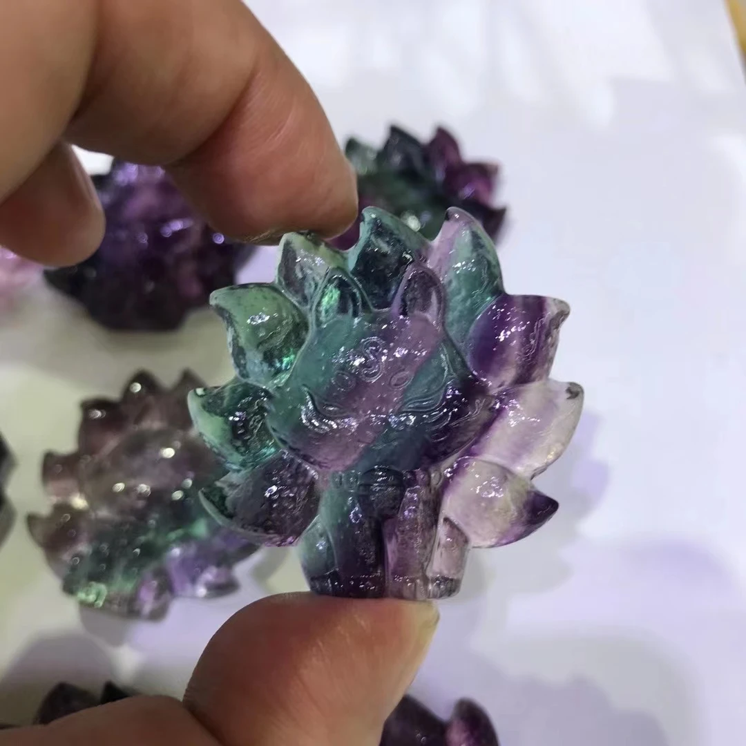 

40mm Natural Rainbow Fluorite Hand Carved Nine Tail Fox Jade Pendant Fashion Boutique Jewelry Men and Women Fox Necklace Gift