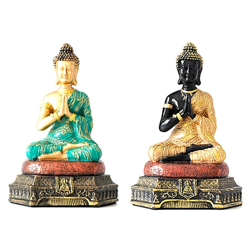 

HOT-2X Buddha Statues Thailand For Garden Home Decor Desk Ornament Hindu Sitting Buddha Figurine Decoration -Green & Gold
