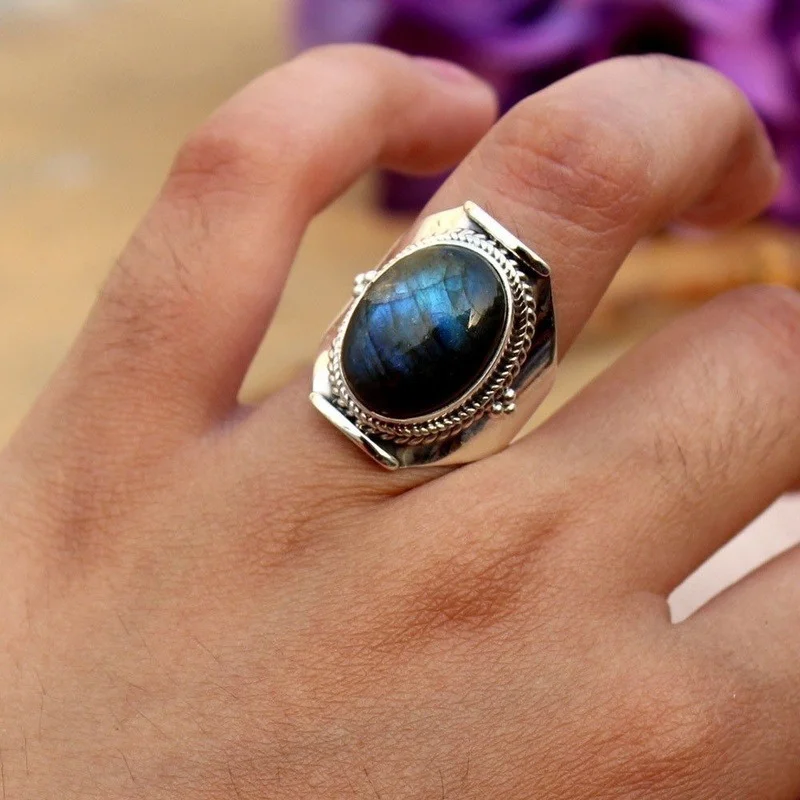 

Large Antique Jewelry Natural Gemstone Labradorite Ring Wedding Engagement Rings Size 6-10