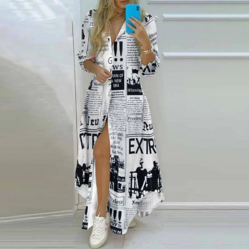 

Shirt Dress Summer Turn-down Collar Single Breasted Button Irregular Long Dress Female Sexy Letter Print Maxi Dresses