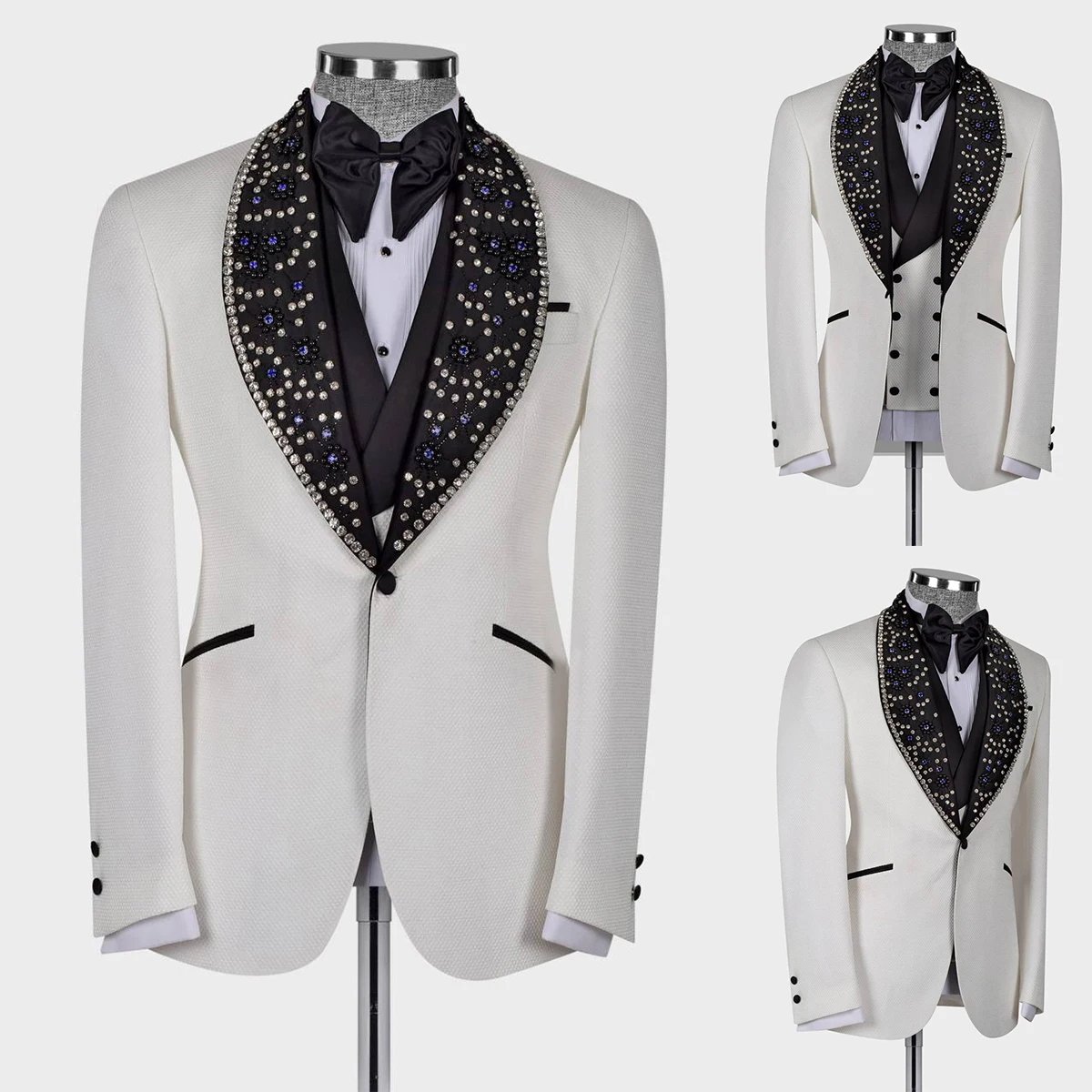 

Handsome Beaded White Mens Suits for Wedding 3pcs Jacket Vest Pants Groom Blazer Tuxedo Formal Business Party Prom Outfits
