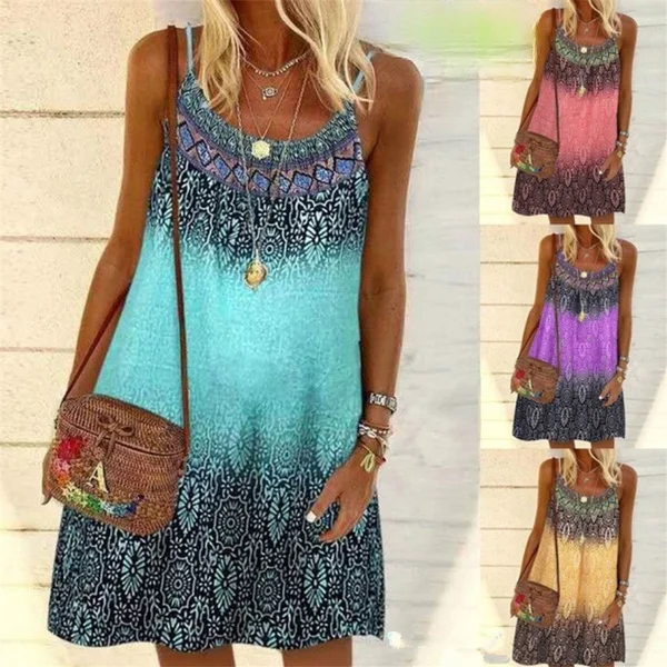 

Summer Bohemian Dress Women Vintage Printed Spaghetti Strap Sundress Lady Casual Loose Sleeveless Mini Vestidos Beach Dress 2022