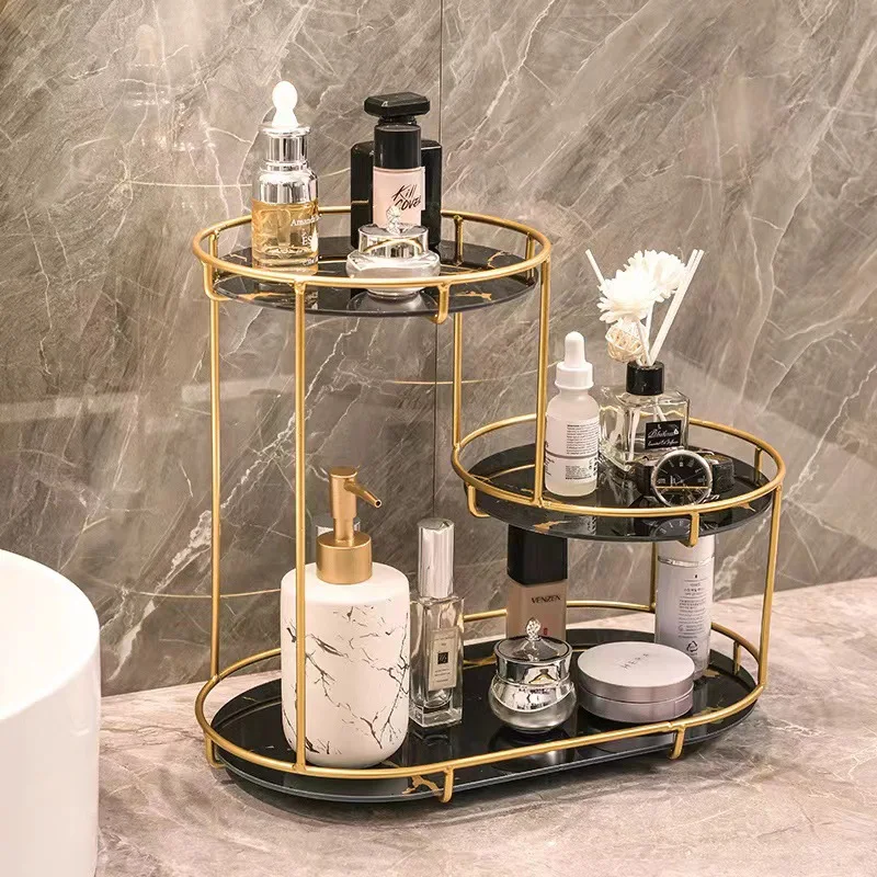 

Light Luxury Bathroom Shelves Multilayer Cosmetics Iron Metal Gold Storage Shelf Dresser Mirror Front Desktop Toilet Decoration