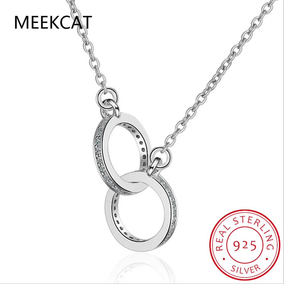 

925 Sterling Silver Double Circle CZ Zirconia Necklaces & Pendants For Women Gift kolye choker collares bijoux S-N61