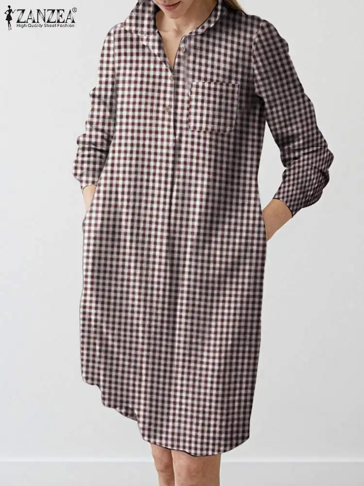 

ZANZEA Vintage Women Autumn Shirt Dress Fashion Lapel Neck Plaid Checked Sundress Casual Long Sleeve Holiday Knee-length Vestido