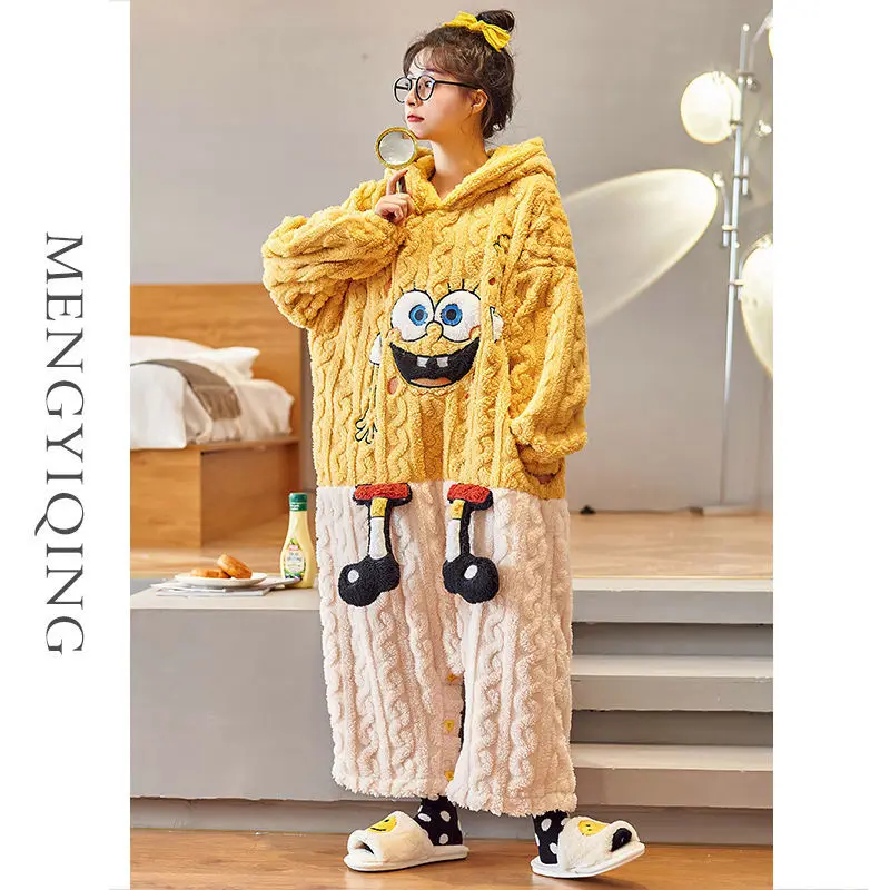 

New Winter Spongebob Squarepants Onesies Kawaii Coral Fleece Warm Ladies Pajamas Cartoon Cute Homewear onesie women Yellow
