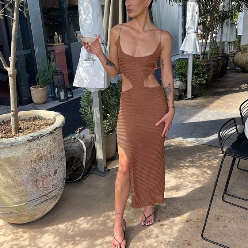 

Женское длинное платье на бретельках, облегающее платье с U-образным вырезом и вырезами, 2022