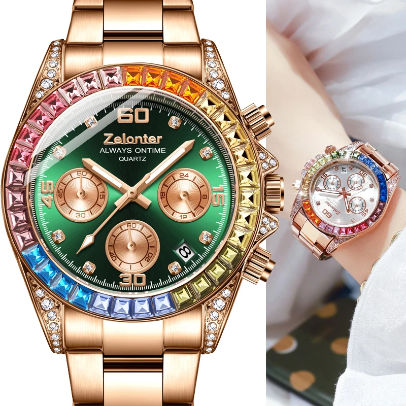 

Top Luxury Water Ghost Women's Watch Fashion Rainbow Ring Three Eyes Six Needle Diamond Inlaid Calendar Waterproof Watch