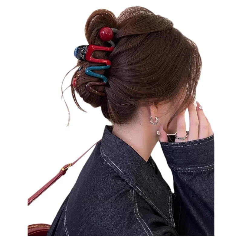 Красный и синий контрастный цвет заколка для волос большая в виде акулы женская