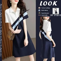 foreign trade luxury single 2022 womens cut standard original single dress summer high end lapel contrast color stitching skirt