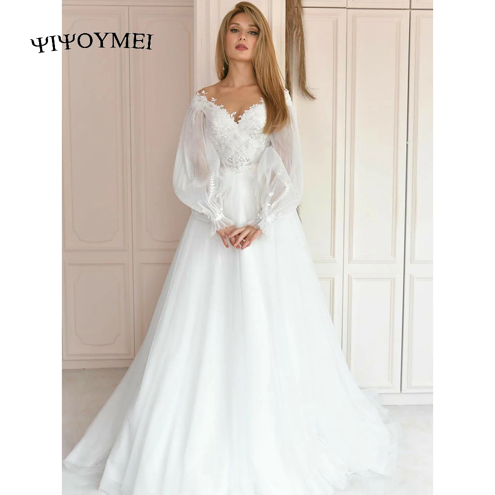 

Lace Appliques Tulle Wedding Dress 2023 A-Line Sweetheart Long Puffy Sleeves Bridal Gowns Elegant Costomize Civil Robe De Mariee