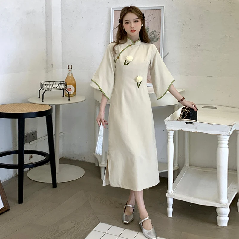 

Qipao женское новое платье в китайском стиле с 3D цветочной вышивкой